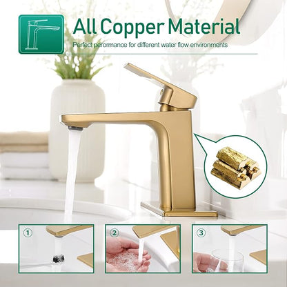 VOTON Brushed Gold Bathroom Sink Faucet Single Handle Bathroom Faucets for Sink 1 Hole Rv Lavatory Vanity Faucet with Deck Plate & Supply Hoses