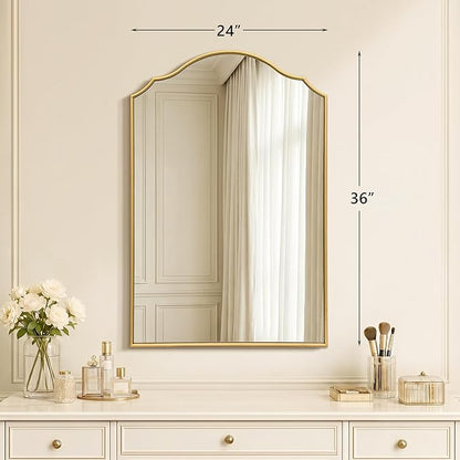 Besdomus Bathroom Mirrors for Over Sink: 24"x36" Gold Wooden Arched Mirror | Modern Minimalist Scalloped Decorative Wall for Vanity/Dresser/Mantel/Bedroom/Entryway/Hallway/Fireplace/Nightstand
