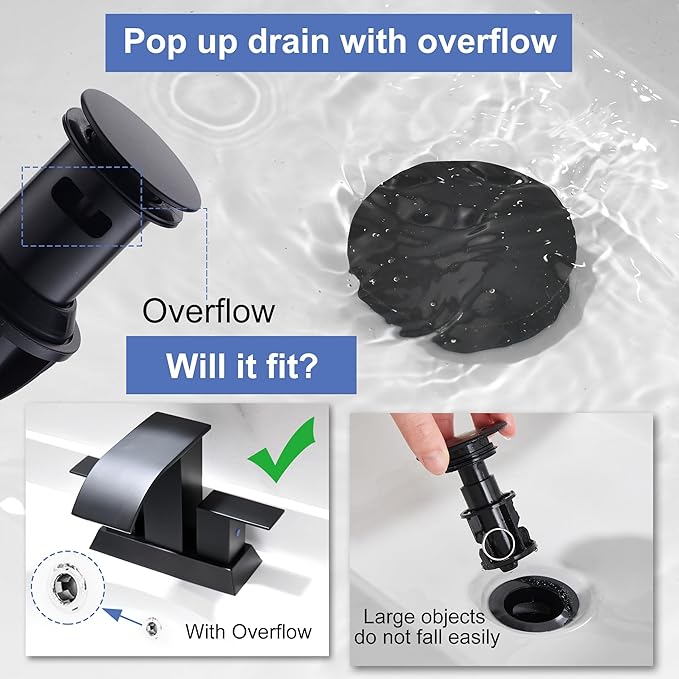 Black Waterfall Bathroom Faucet - 4Inch 2 or 3 Holes Centerset Faucet Bathroom | Two Handles Widespread Lavatory Vanity Sink Faucets with Overflow Pop-up Drain & Supply Lines Matte Black