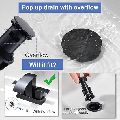 Black Waterfall Bathroom Faucet - 4Inch 2 or 3 Holes Centerset Faucet Bathroom | Two Handles Widespread Lavatory Vanity Sink Faucets with Overflow Pop-up Drain & Supply Lines Matte Black