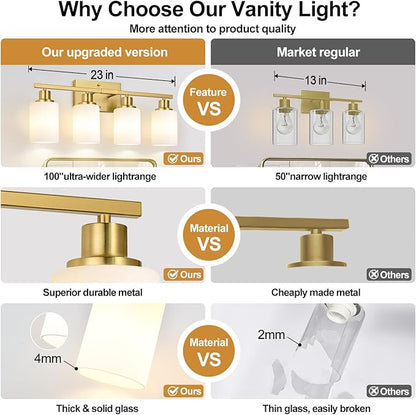 4-Light Bathroom Light Fixtures, Brushed Gold Vanity Lights with Milk Glass Shades, Modern Bathroom Wall Lamp for Mirror Living Room Bedroom Porch
