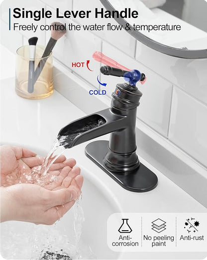 Waterfall Faucet, Brass Oil Rubbed Bronze Bathroom Faucet 1 Hole, Single Handle Bathroom Faucets, 4 Inch 3 Hole Bathroom Sink Faucet with Pop Up Drain Deck Plate & Supply Hoses for Farmhouse