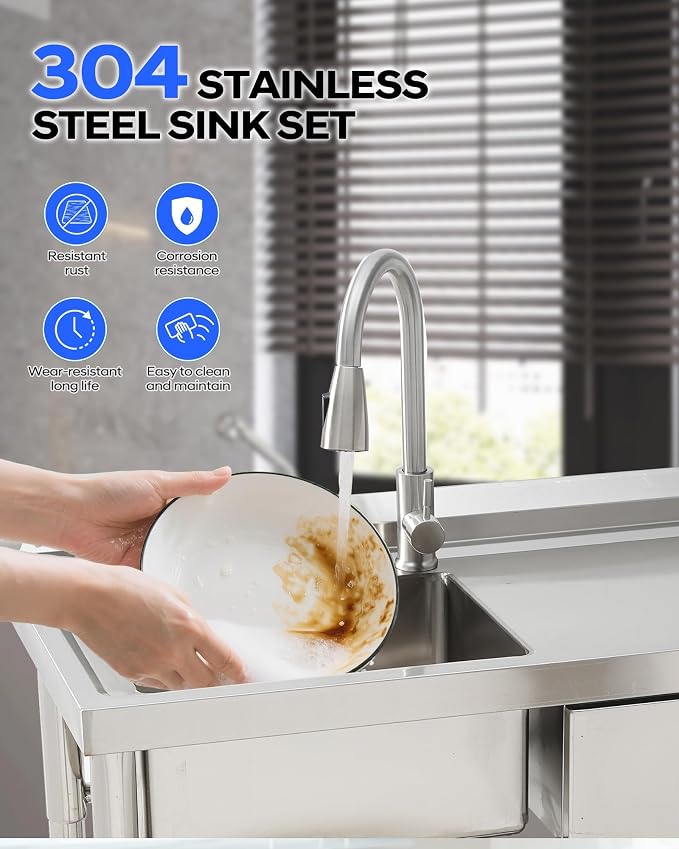 Free Standing Utility Sink, 39" Single Bowl Stainless Steel Commercial Sink with Drawers, Cold and Hot Water Pipe & Workbench, for Kitchen, Laundry | Commercial Sink with Drawers, Cold and Hot Water Pipe & Workbench, for Kitchen, Laundry