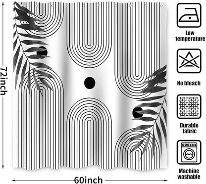 Boho Mid Century Modern Shower Curtain, Abstract Arch Leaf Minimalist Sun Black and White Machine Washable Waterproof Fabric for Bathroom Bathtub with Hooks 60Wx72H