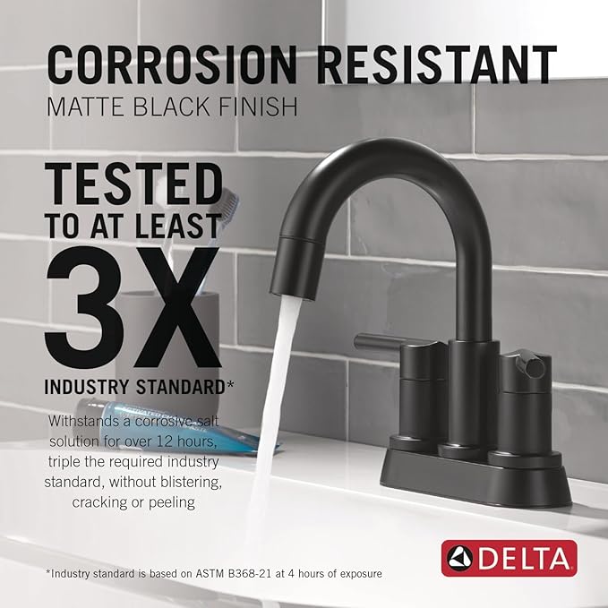 Delta Nicoli Centerset Matte Black Bathroom Faucet with Sprayer, 4 Inch 3 Hole Bathroom Sink Faucet with Pull Out Sprayer, Push-Pop Drain, Matte Black 25749LF-BLPD