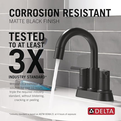 Delta Nicoli Centerset Matte Black Bathroom Faucet with Sprayer, 4 Inch 3 Hole Bathroom Sink Faucet with Pull Out Sprayer, Push-Pop Drain, Matte Black 25749LF-BLPD