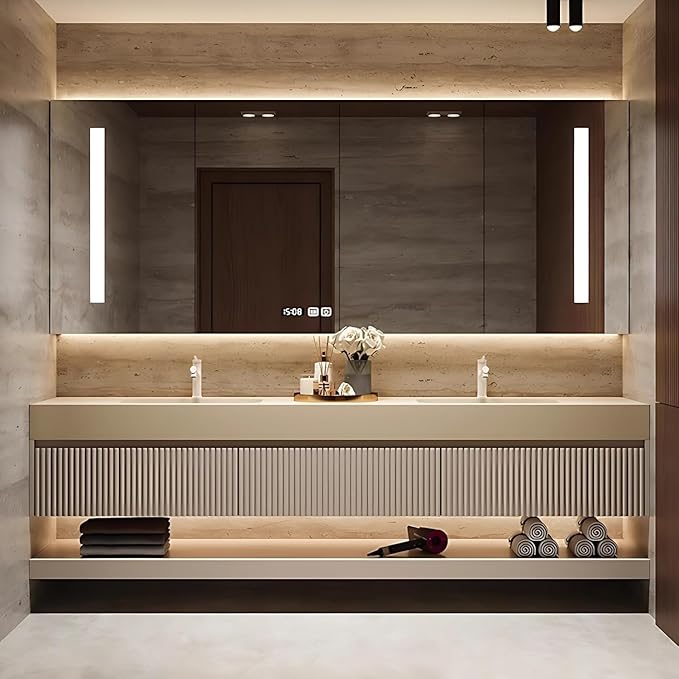 84in Modern Floating Bathroom Vanity with Double Sinks, Intelligent Defogging and Led Light, Wood Bathroom Vanities, Wall-Mounted Storage Cabinet