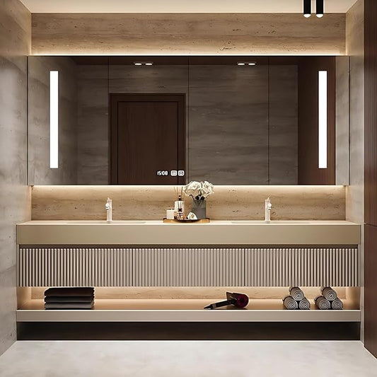 84in Modern Floating Bathroom Vanity with Double Sinks, Intelligent Defogging and Led Light, Wood Bathroom Vanities, Wall-Mounted Storage Cabinet