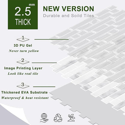 STICKGOO Thicker Peel and Stick Backsplash Tile for Kitchen and Bathroom | 10 Sheets of 12”×12” - 3D Vinyl Self Adhesive Wall Tiles Stick on Backsplash for Kitchen & Bathroom(Marble Grey&White)