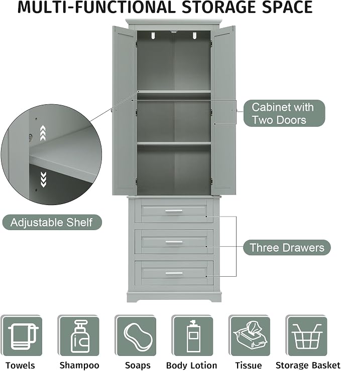 Merax 70" Pantry Cabinet with Two Doors & Three Drawer, Adjustable Shelves Storage Cupboard for Kitchen/Dining Room/Bathroom, Gray