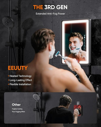 Heated Shower Mirror Fogless for Shaving (Gen 3) - 3 Colors Stepless Dimmable Lights, Anti-Fog Shaving Mirror with Razor Holder, No-Drilling, Removable - Black