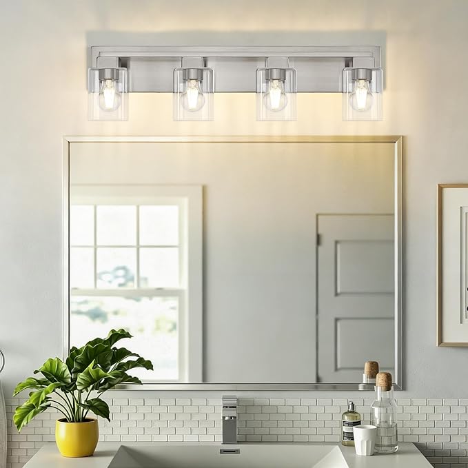 4-Light Brushed Nickel Bathroom Light Fixtures, with Clear Glass Shade | 29.5 Inch Bathroom Lighting Fixtures Over Mirror, Modern Wall Light, bathroom vanity light E26 Socket, ETL