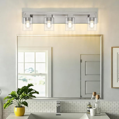 4-Light Brushed Nickel Bathroom Light Fixtures, with Clear Glass Shade | 29.5 Inch Bathroom Lighting Fixtures Over Mirror, Modern Wall Light, bathroom vanity light E26 Socket, ETL