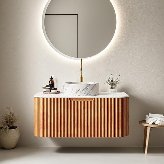 36" Bathroom Vanity with Sink, Floating Cabinet with Ultra-Thin Ceramic Basin and Marble Countertop, Large Storage Drawer, Soft-Close Design, No Assembly Required, Nature Wood