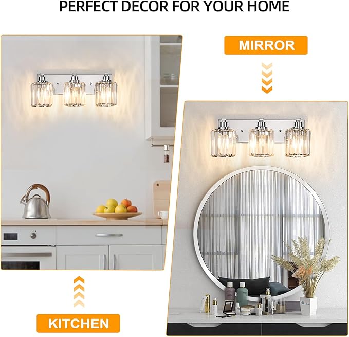 3 Lights Crystal Bathroom Vanity Light Modern Chrome Bathroom Light Fixture Bathroom Lighting Fixtures Over Mirror for Mirror E26 Base