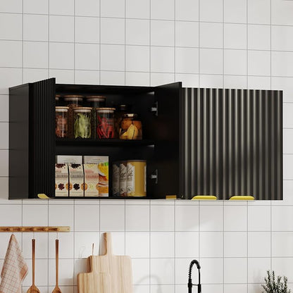 ChooChoo Bathroom Wall Cabinet, Laundry Room Cabinet with 4 Fluted Doors | Kitchen Storage Cupboard Cabinet with Adjustable Shelf, Fluted Wall-Mounted Medicine Cabinet for Kitchen, Garage, Black