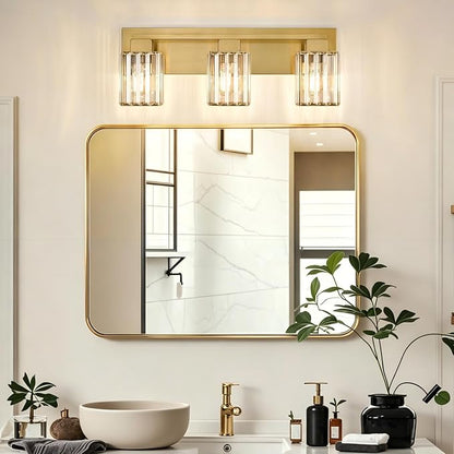 Brushed Gold Bathroom Light Fixtures, 3-Light Vanity Light Over Mirror | Wall Sconces with Square Crystal Shades, E26 Socket, Modern Vanity Lights for Bathroom (Bulbs Not Included)