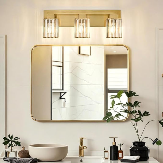 Brushed Gold Bathroom Light Fixtures, 3-Light Vanity Light Over Mirror | Wall Sconces with Square Crystal Shades, E26 Socket, Modern Vanity Lights for Bathroom (Bulbs Not Included)
