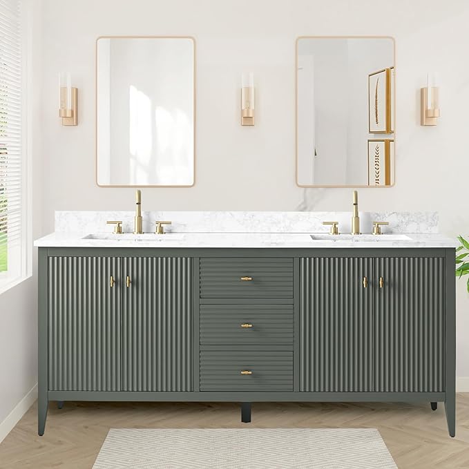 HOMEBEYOND 72" Bathroom Vanity with Double Sink, Solid Wood Bathroom Vanity Free-Standing Cabinet, Ceramic Top & Soft Closing Door, Golden Brushed Handware, Vintage Green