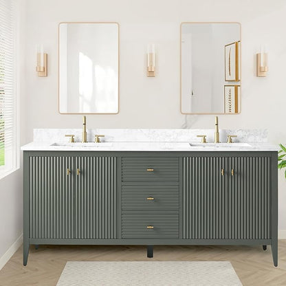 HOMEBEYOND 72" Bathroom Vanity with Double Sink, Solid Wood Bathroom Vanity Free-Standing Cabinet, Ceramic Top & Soft Closing Door, Golden Brushed Handware, Vintage Green