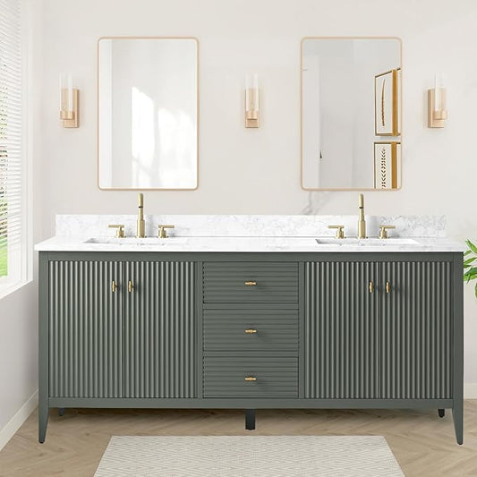 HOMEBEYOND 72" Bathroom Vanity with Double Sink, Solid Wood Bathroom Vanity Free-Standing Cabinet, Ceramic Top & Soft Closing Door, Golden Brushed Handware, Vintage Green