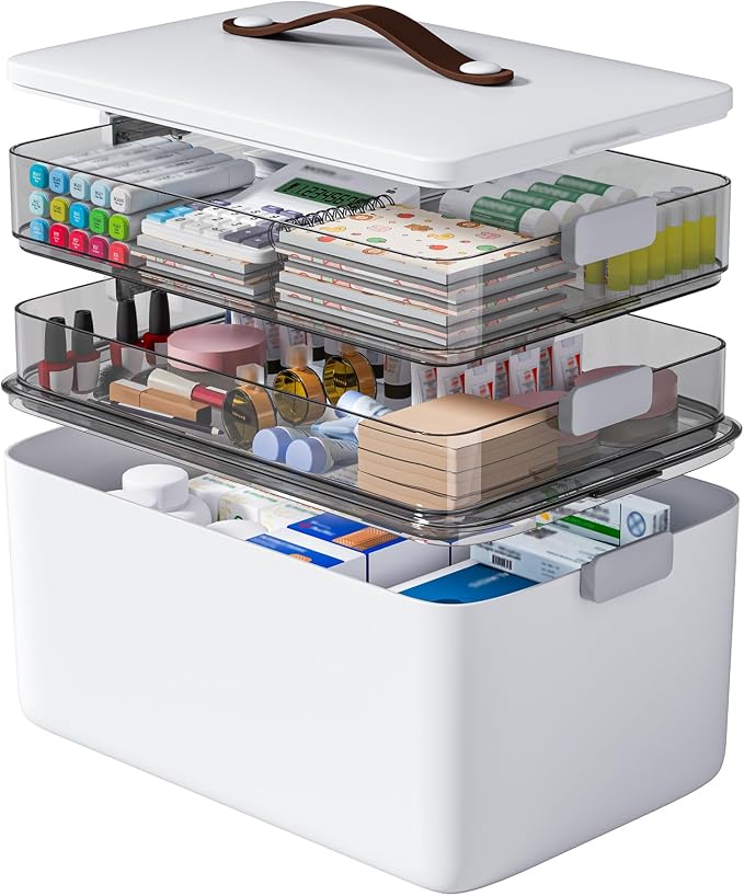 MOPUP 3-Tier Medicine Craft,Sewing,Art,Organizer Storage,Portable Latch Bin with Lid and Leather Handle,Pill Bottle, First Aid, A Household Essential