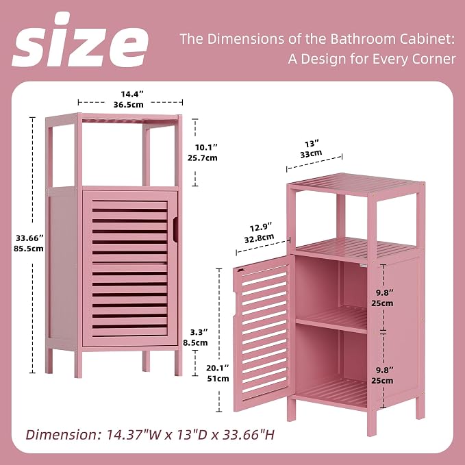 HITNET Small Bathroom Storage Cabinet, Bamboo Floor Cabinet Single Door, Freestanding Narrow Side Organizer for Living Room Hallway Entryway, Pink