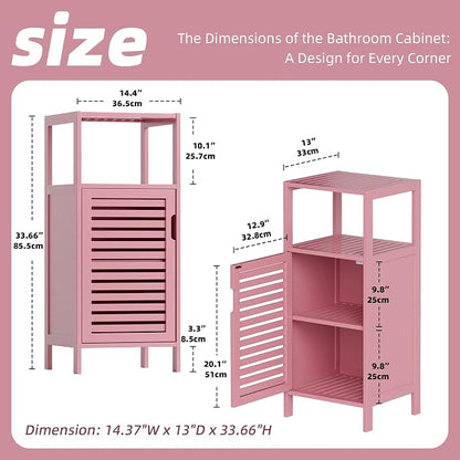 HITNET Small Bathroom Storage Cabinet, Bamboo Floor Cabinet Single Door, Freestanding Narrow Side Organizer for Living Room Hallway Entryway, Pink