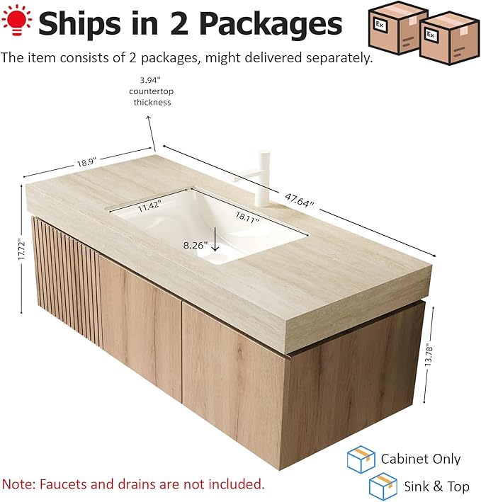 Ambrovina 48 inch Bathroom Vanity with Sink, Wall Mounted Bathroom Vanities with Drawer and 2 Doors, Roma Travertine-Pattern Countertop and Ceramic Basin, Pre-Assembled, Light Wooden Color
