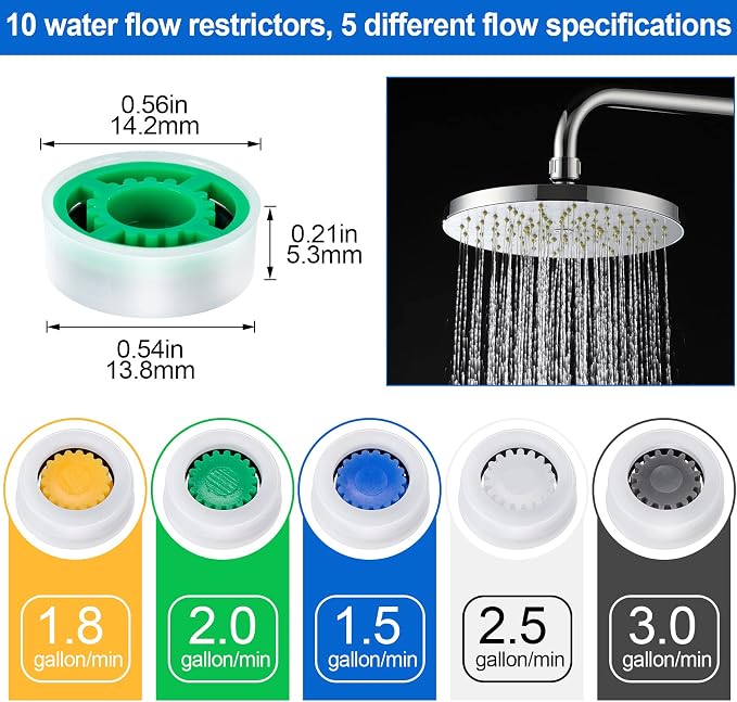 PAGOW 10pcs Shower Flow Reducer Limiter, gpm 1.5 1.8 2.0 2.5 3.0 | Water Saver Adapter Set for Handheld Shower, Bathroom, Toilet (0.56x0.54 x 0.21inch)
