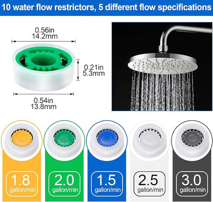 PAGOW 10pcs Shower Flow Reducer Limiter, gpm 1.5 1.8 2.0 2.5 3.0 | Water Saver Adapter Set for Handheld Shower, Bathroom, Toilet (0.56x0.54 x 0.21inch)