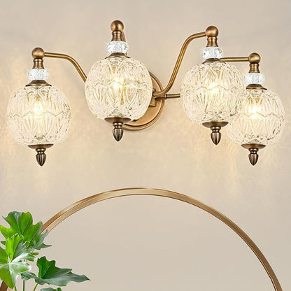 Vintage Bathroom Vanity Light, 4-Light Mid Century Matte Antique Brass Finish Wall Sconce with Globe Glass Shades, Retro Mirror Light for Bathroom, Powder Room