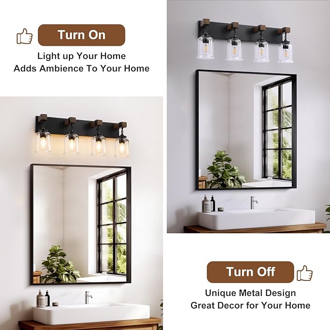 Farmhouse Bathroom Vanity Light, 4 Light Black Bathroom Vanity Light Fixtures Over Mirror, Rustic Wall Lighting with Clear Glass Shades for Living Room, Bedroom, Hallway