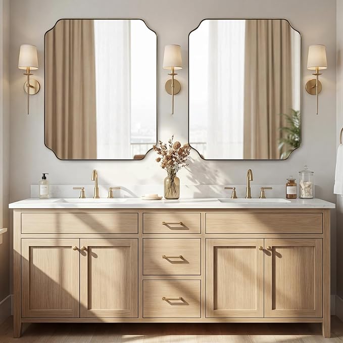 28"x36" Brushed Brass Bathroom Mirror, Scalloped Mirror for Bathroom, Champagne Bronze Mirror in Anti-Rust Stainless Steel Thin Frame, Wall Mount Vertical or Horizontal