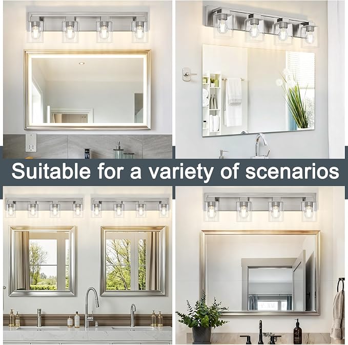 4-Light Brushed Nickel Bathroom Light Fixtures, with Clear Glass Shade | 29.5 Inch Bathroom Lighting Fixtures Over Mirror, Modern Wall Light, bathroom vanity light E26 Socket, ETL