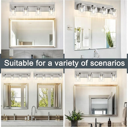 4-Light Brushed Nickel Bathroom Light Fixtures, with Clear Glass Shade | 29.5 Inch Bathroom Lighting Fixtures Over Mirror, Modern Wall Light, bathroom vanity light E26 Socket, ETL