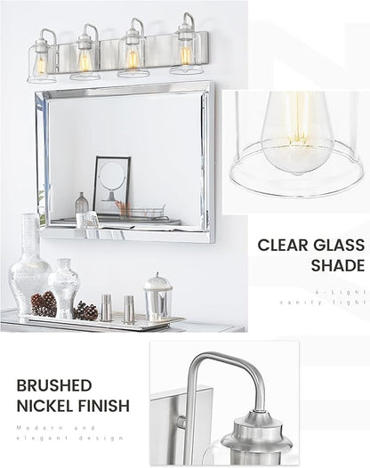 zeyu 28.5 Inch Bathroom Wall Light Over Mirror, 4-Light Vanity Lighting Fixture, Brushed Nickel Finish with Clear Glass Shade, ZSL72B-4W BN