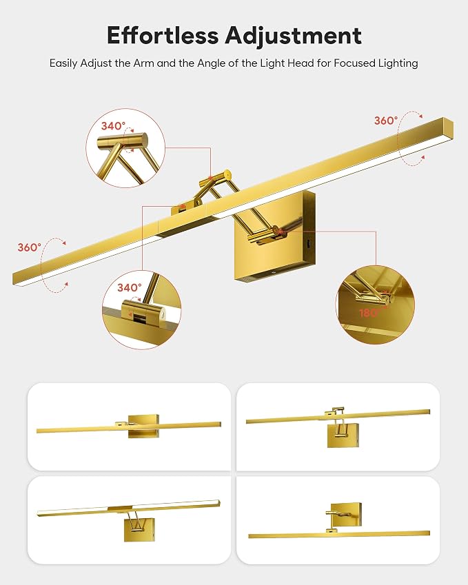 VONLUCE 36" LED Bathroom Vanity Light, 3CCT Modern LED Vanity Lights with 360° Rotatable Head Swing Arm, 15.4W Bathroom Light Fixture Over Mirror, LED Lights for Bathroom Bedroom, Brushed Gold | 3CCT, Flicker-free, 360° Rotatable Head & Swing Arm, IP44...