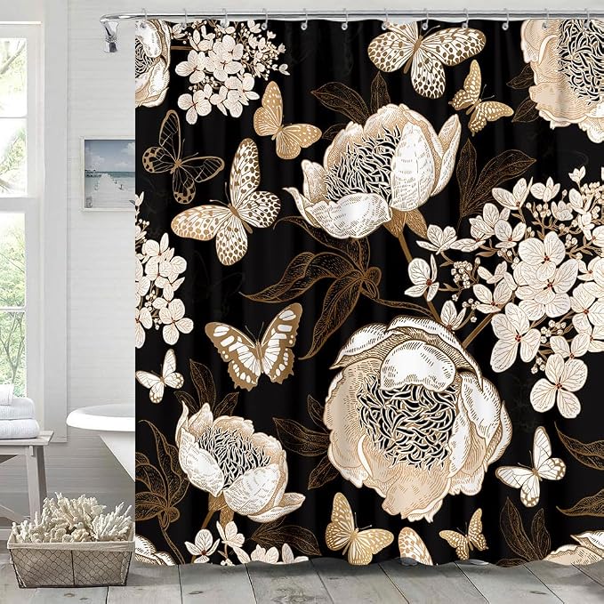 Black and Gold Floral Butterfly Shower Curtain, Boho Dark Flowers Botanical Aesthetic Shower Curtain for Bathroom with Hook, Vintage Moth Farmhouse Unique Chic Shower Curtain Set with Hooks 72X72