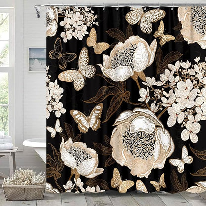 Black and Gold Floral Butterfly Shower Curtain, Boho Dark Flowers Botanical Aesthetic Shower Curtain for Bathroom with Hook, Vintage Moth Farmhouse Unique Chic Shower Curtain Set with Hooks 72X72