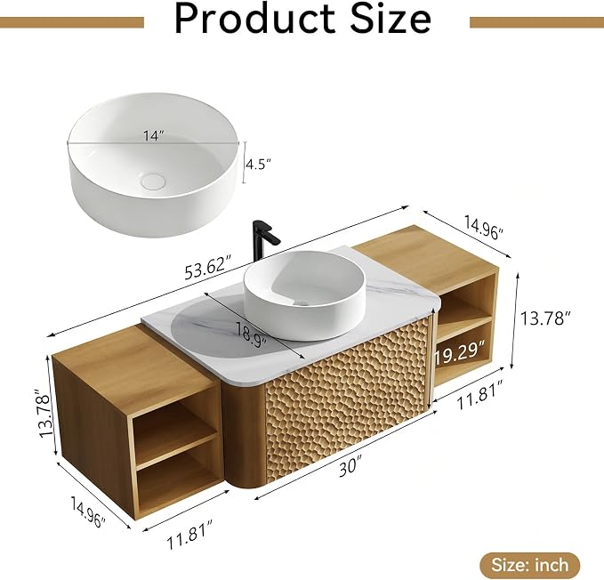 54 Inch Modern Bathroom Vanity with Ceramic Sink, Floating Bathroom Sink Cabinet with Sintered Stone Top&Solid Wood Hammered Frame, Single Bathroom Vanities w/Soft-Close Drawer&2 Side Open Cube