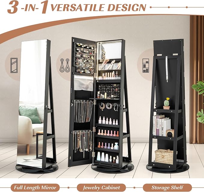 GOFLAME 360° Rotating Jewelry Cabinet with Full-Length Mirror, Standing Jewelry Armoire with 3-Color LED Light and Back Storage Shelf, Lockable Jewelry Organizer for Bedroom Cloakroom, Black