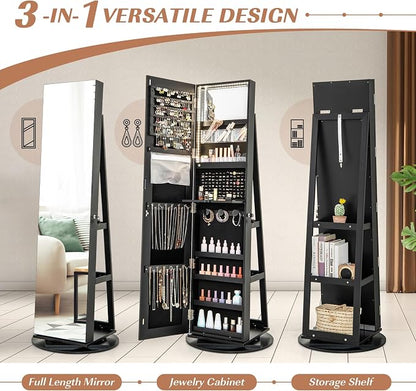 GOFLAME 360° Rotating Jewelry Cabinet with Full-Length Mirror, Standing Jewelry Armoire with 3-Color LED Light and Back Storage Shelf, Lockable Jewelry Organizer for Bedroom Cloakroom, Black