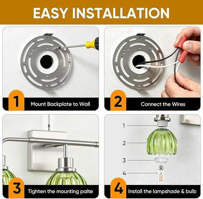 Ralbay Vintage Vanity Lights Bathroom Light Fixture Over Mirror for Bath Brushed Nickel Modern Wall Sconces with Green Crystal Glass Shade for Bedroom,Living Room,Hallway(3-Light)