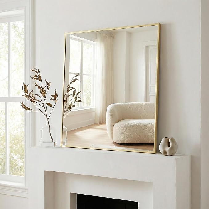 36"x36" Satin Gold Framed Square Bathroom Vanity Wall Mirror | Accent Wall Mirror, Square Geometric Look, Slim Metal Frame, Living Room or Entryway, Keyhole Mount, Tempered Glass