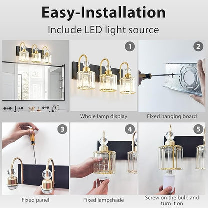 Bathroom Vanity Light Fixtures Over Mirror, Makeup Lighting for Modern Wall, Bath, Desk, Hallway, Farmhouse, 3 Crystal Lights, Black Gold