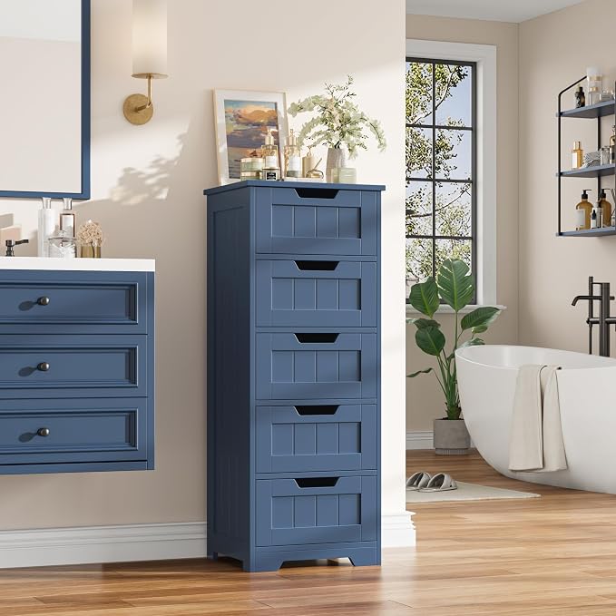 FOTOSOK Bathroom Cabinet, Bathroom Storage Cabinet with 5 Drawers, Blue | Narrow Bathroom Storage with Cut-Out Handles, 11.8” x 15.7” x 40.1”, Slim & Small Floor Cabinet for Laundry/Hallway