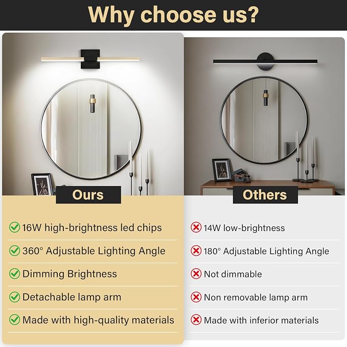 Black Gold Bathroom Vanity Light, 24 Inch LED Light Bar Over Mirror | Modern Bathroom Light Fixture Over Mirror for Vanity, 360° Rotatable Dimmable LED Wall Mounted Lighting, ETL Certified