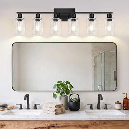 Indoi 6-Light Bathroom Light Fixtures, Matte Black Modern Vanity Lights with Clear Glass Shades, Bathroom Wall Lamp for Mirror Living Room Cabinet Bedroom Porch