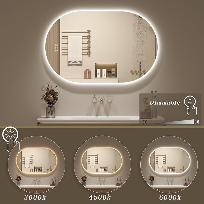 OKPAL Backlit Oval LED Bathroom Mirror with Lights 20 x 36, Pill-Shaped Lighted Vanity Mirror for Wall, Anit-Fog, Dimmable, Memory Function, Shatterproof, UL (Horizontal/Vertical)